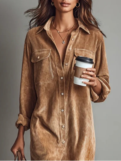Ruby | Midi Corduroy Dress with Double Breasted Pockets and Single Button