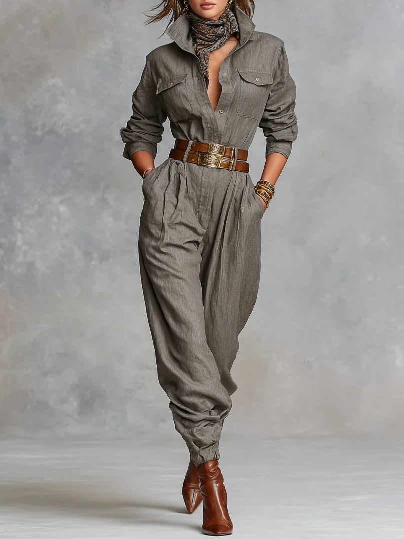 Jenna | Cotton and Linen Long Sleeve Jumpsuit