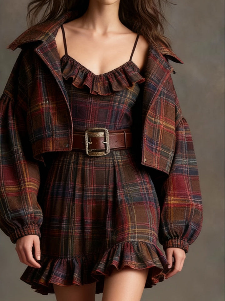 Catherine | Vintage Mini Checkered Dress with Stripes and Oversized Jacket (Includes belt)