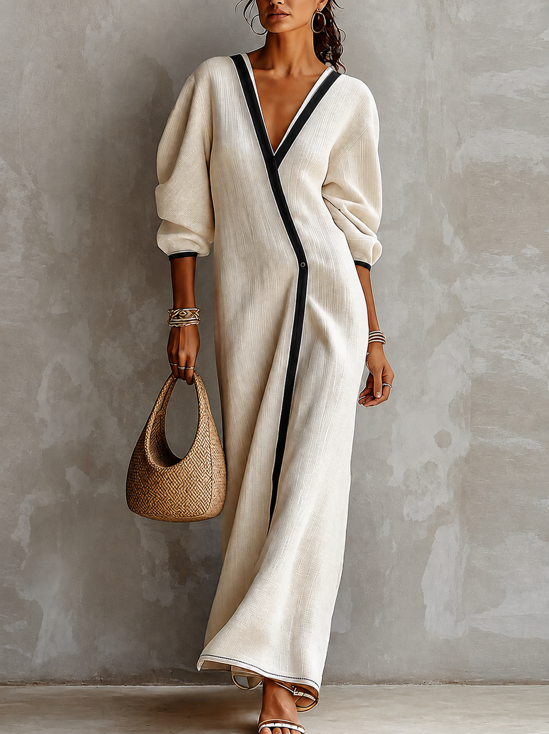 Maxi Dress for Women in Beige Linen with V-Neck and Lantern Sleeves with Black Trimmings
