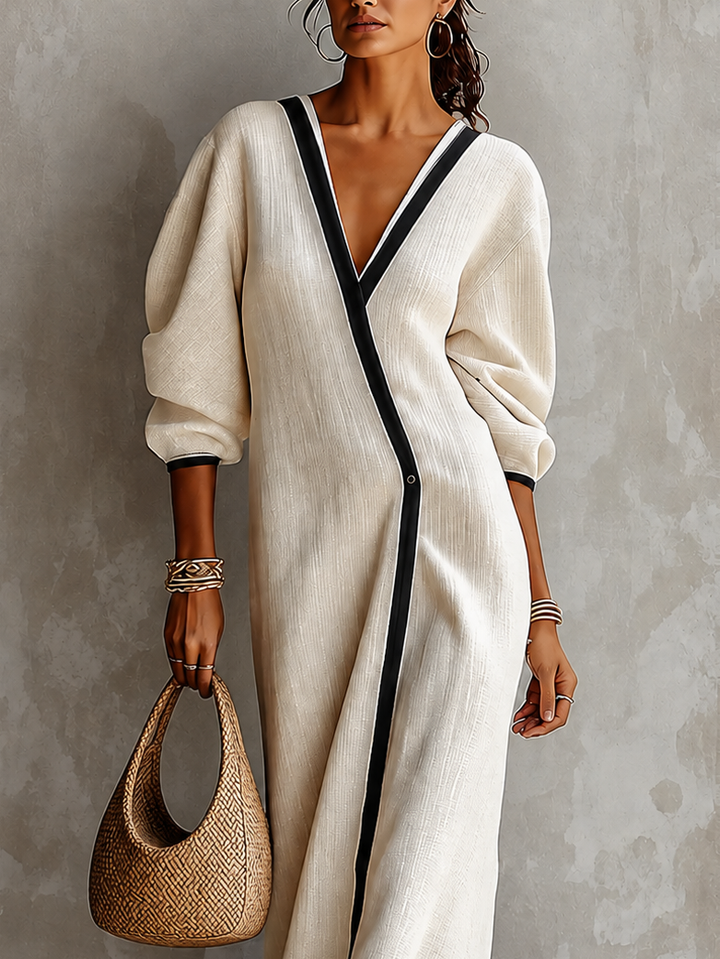 Maxi Dress for Women in Beige Linen with V-Neck and Lantern Sleeves with Black Trimmings