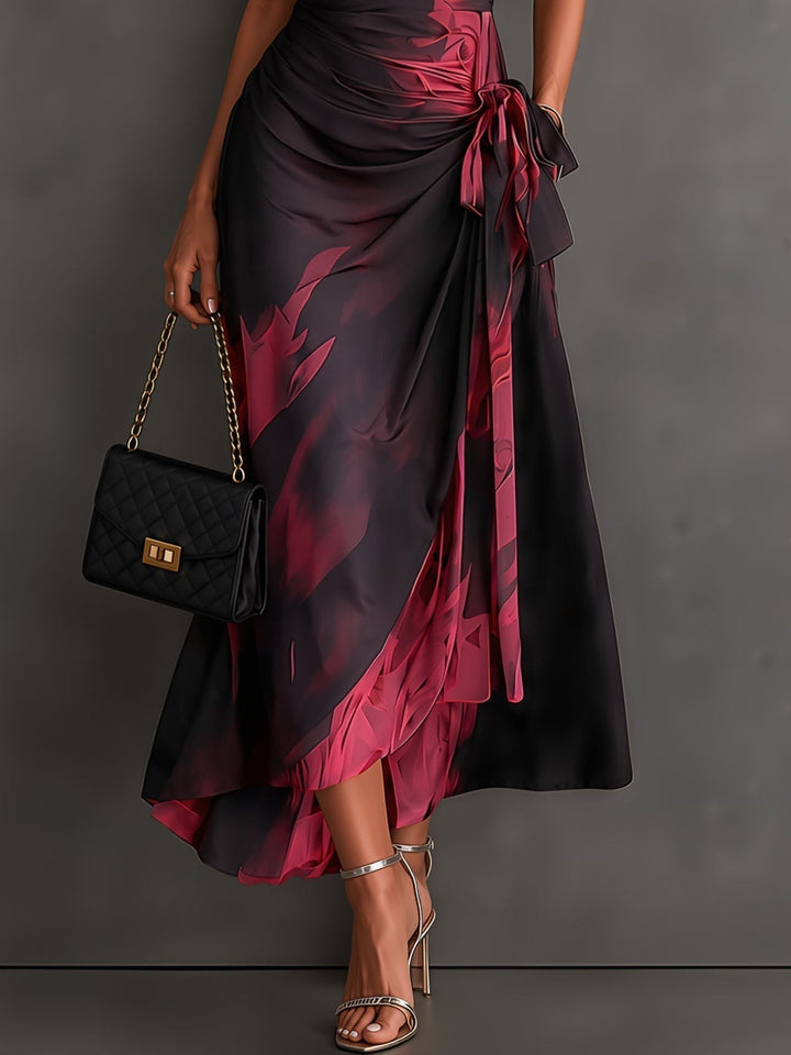 Midi Wallet Dress with Abstract Red and Black Print, V-Neck Collar, Short Sleeves, Bow Waist, Asymmetrical Hem with Ruffles