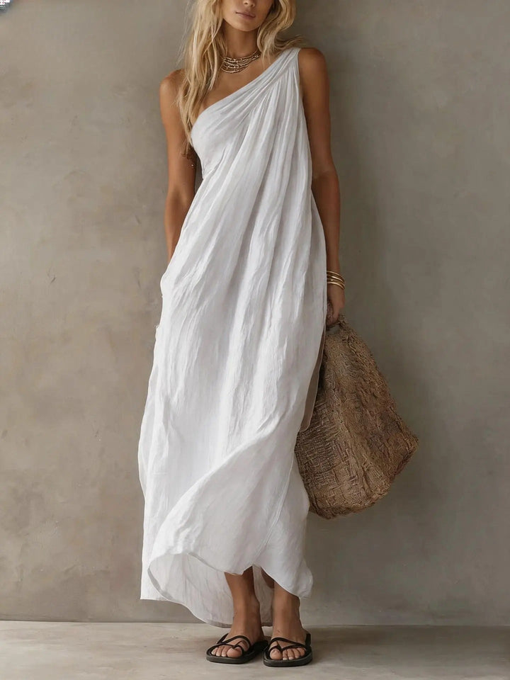 Adriana Asymmetrical Maxi Dress with Linen Effect